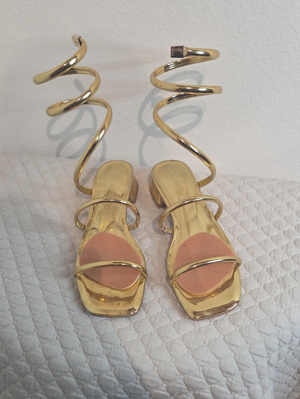 Aldo Metallic Gold Spiral Lace-Up Heeled Sandals with Blush Insole